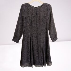 J Crew Silk Black Chiffon Dress With White Polk-a-dots Long Sleeves Preppy